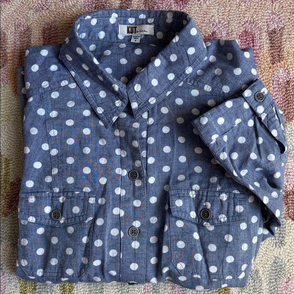 Kut from the Kloth denim blue button up shirt with polka dots small